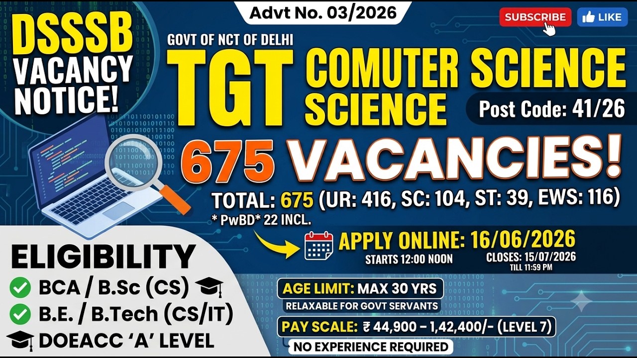 DSSSB TGT Computer Science Recruitment 2026 | 675 Vacancies | BCA, BE/B.Tech Eligible | Apply Now