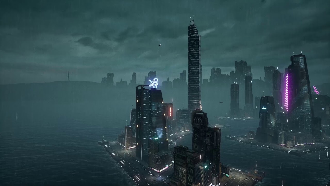(1 HOUR)  Skyscraper Aerial View of Cityscape 2077 Cyberpunk Theme Inspired HD