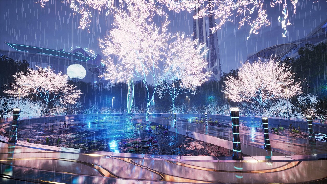 Futuristic Rain Park | Neon Blossom Trees & Reflective Pond Ambience