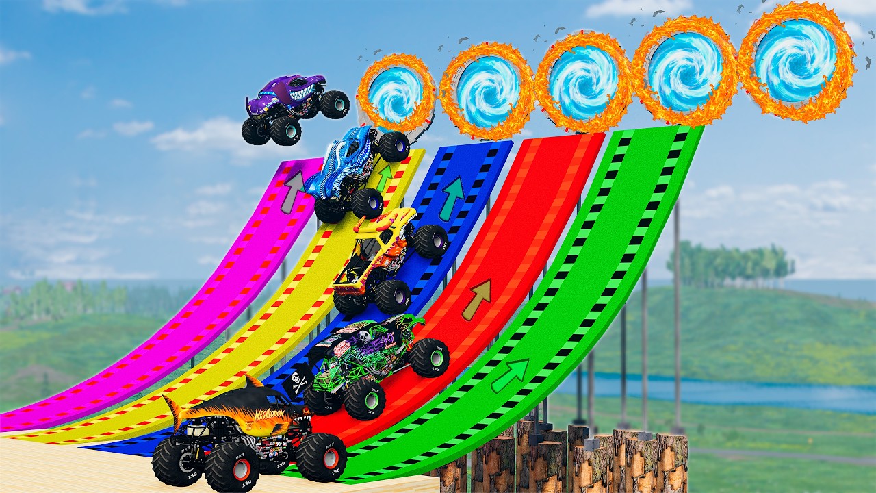 5 Monster Truck VS BIG Ramp -  Crash and Save Monster Trucks
