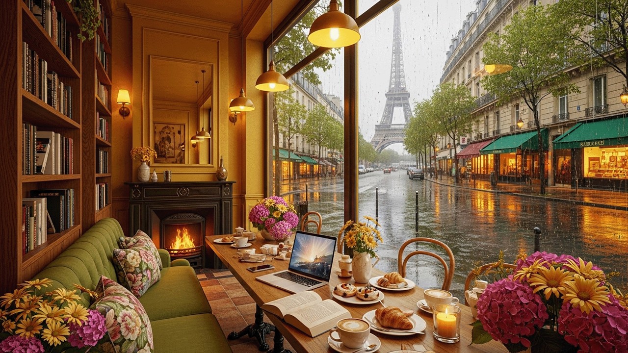Cozy Rainy Cafe Soft Piano and Warm Fireplace Sounds for Relaxation