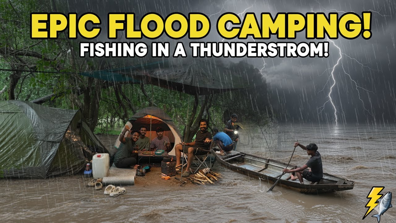 EPIC FLOOD CAMPING! ⛈️ Fishing in a Thunderstorm (River Overflows Our Campsite!) 1