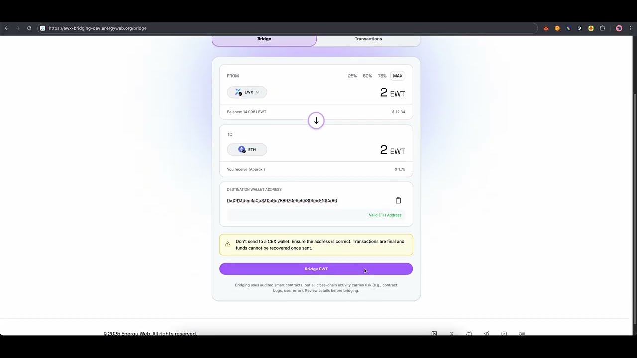 Energy Web X - Bridging from EWX to ETH
