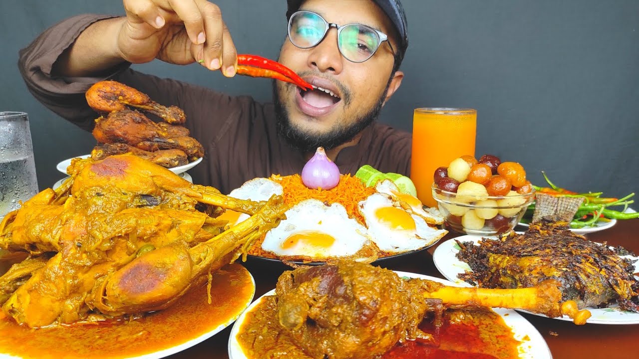 SPICY FULL CHICKEN CURRY, MUTTON LEG CURRY, SPICY FISH FRY AND CHICKEN LEG FRY , FOOD EATING SHOW