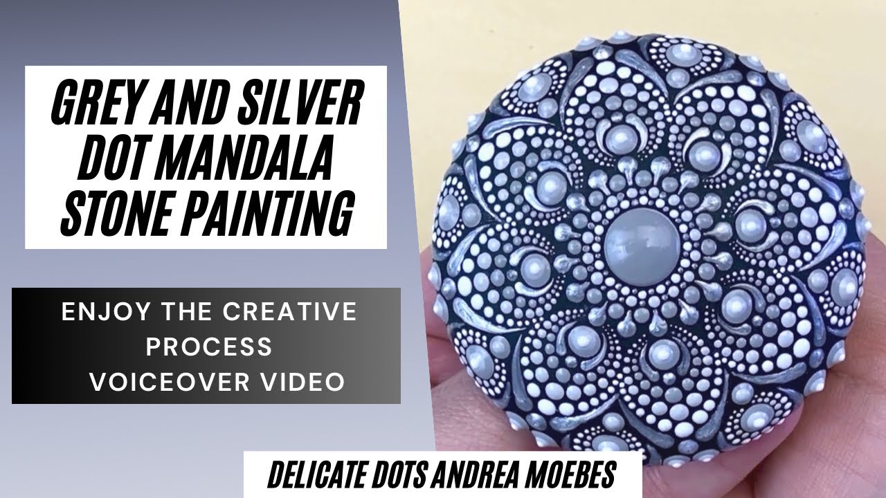Grey and silver dot mandala stone painting.  Relaxing and Satisfying Art Video Enjoy the art Process