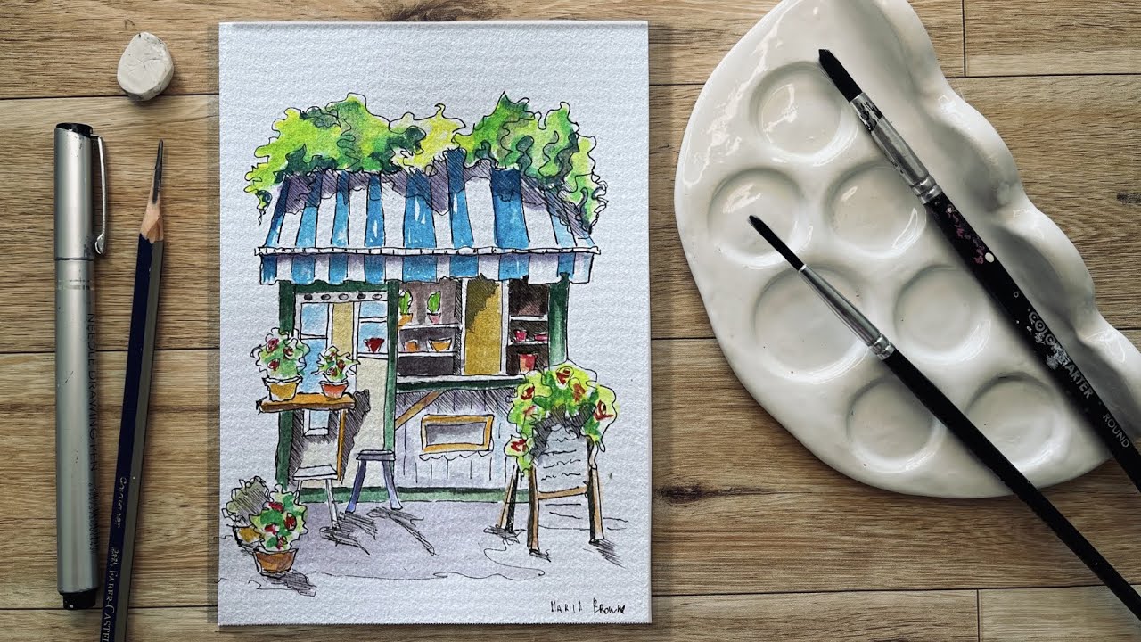 Watercolor painting - Flowers Shop #watercolorpainting #urbansketching