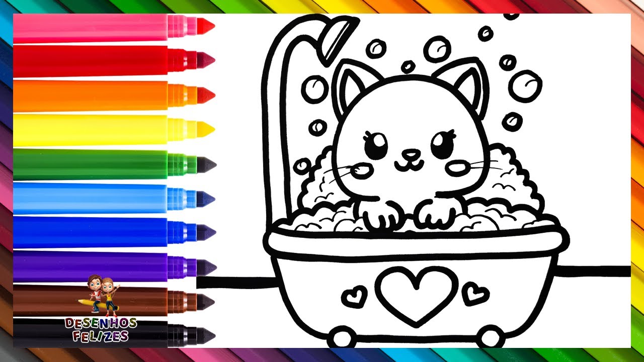 Desenhar E Colorir um Gatinho Fofo na Banheira 🐱🐈🛁🫧🌈 Desenhos para Crianças