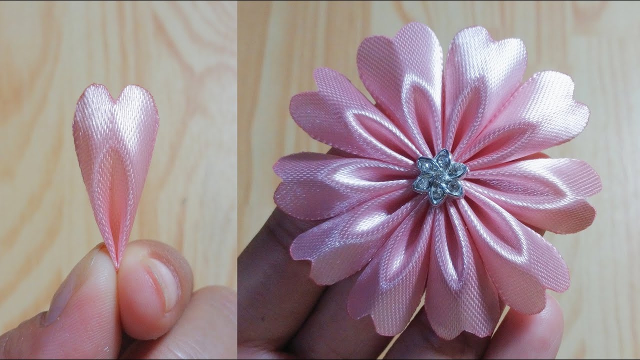 Kanzashi ribbon flower tutorial/Satin ribbon craft/Ribbon flowers easy/Diy flower making