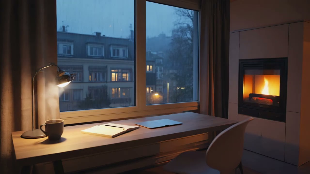 📚 Rainy Night Study Ambience 🌧️ | Cozy Fireplace & Steaming Coffee ☕🔥 (4K)