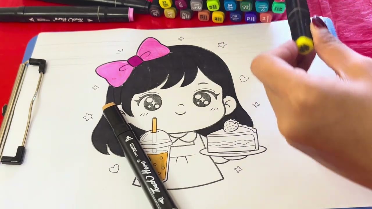 Sweet treat time! Coloring a cute girl enjoying a drink and a slice of cake 💖✨