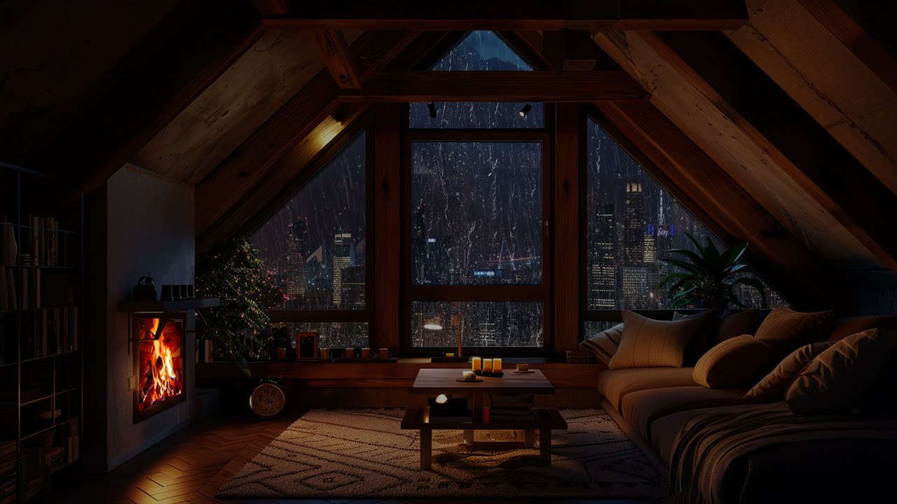 Rain Drifting Through Warm Firelight | A Calm Night Refuge for Deep Rest and Peace