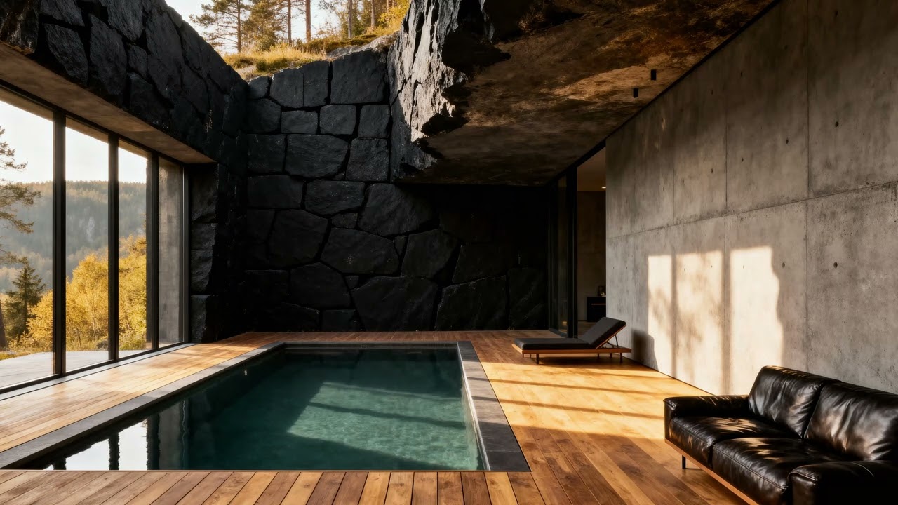 brutalist ambient || pool house || amber light
