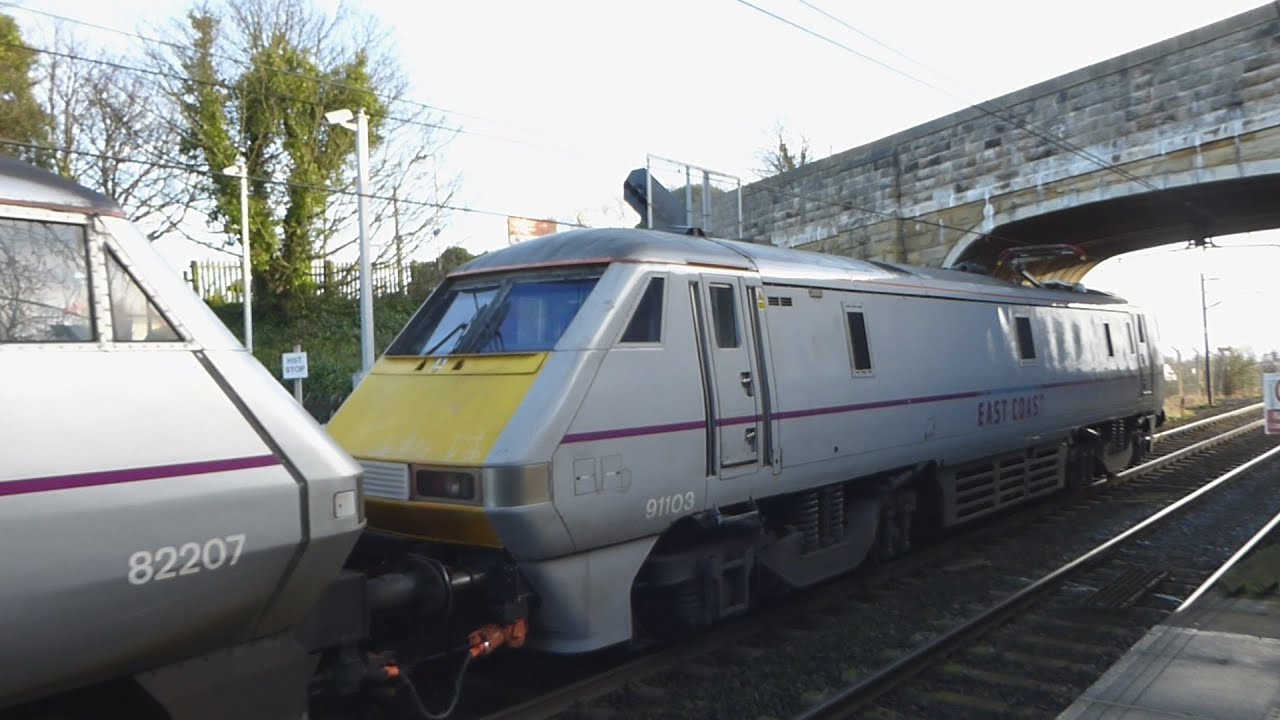 East Coast Class 91 leaves Alnmouth blunt end first (15/12/14)