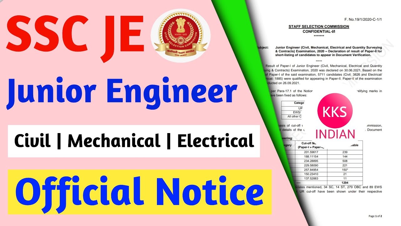 SSC JE Junior Engineer Civil Mechanical Electrical Official Notice Result Cutoff 2020 |Ssc je Result