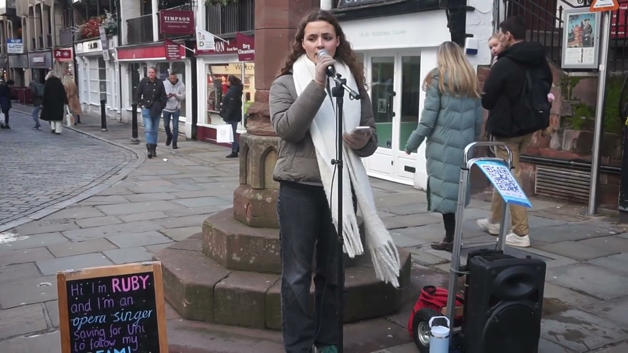 Ruby Lewin sings Don't Cry For Me Argentina from Evita in Eastgate Street Chester