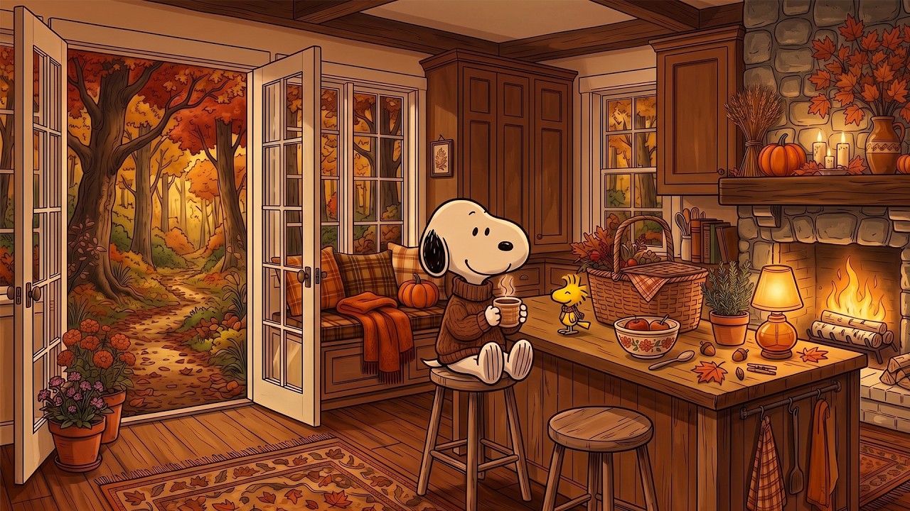 Snoopy&rsquo;s Cozy October Kitchen 🍂 Relaxing Fireplace Jazz for Reading, Work & Slow Living