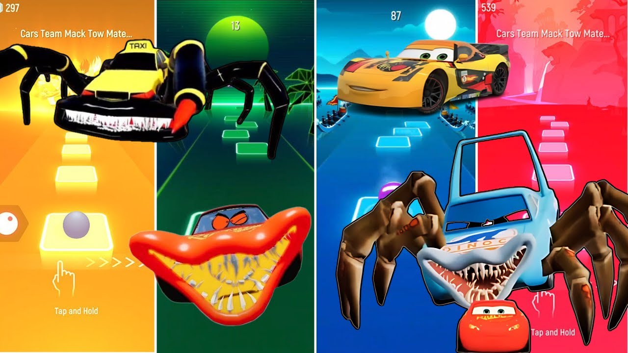 Taxi mcqueen eater vs Mcqueen eater vs Cruz ramires vs Dinoco eater monster Tiles hop car