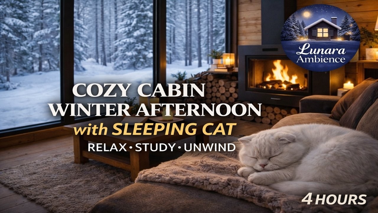 4 Hours Cozy Winter Cabin Ambience ❄️ Fireplace Sounds & Sleeping Cat | Relaxing Snow Night