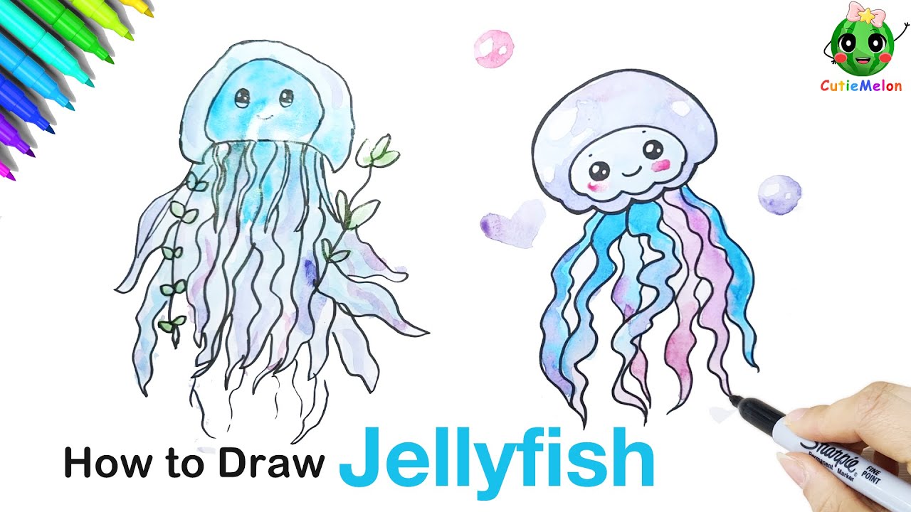 亲子儿童简笔画水母How to Draw A Cute Jellyfish|Easy Drawings for kids|Marine Animals Art【西瓜宝宝学画画学英语】简笔画教程