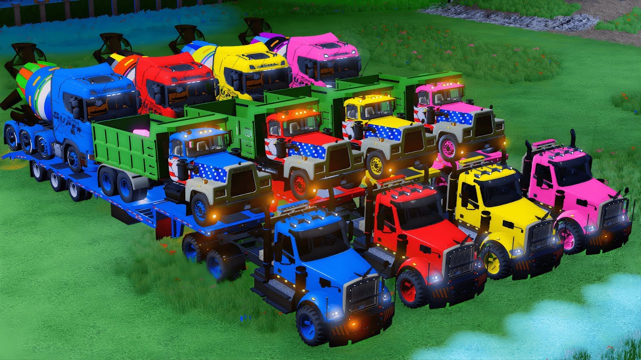 Transporting Colorful Mixer Trucks with Flatbed Trailer Truck | FS22 #1