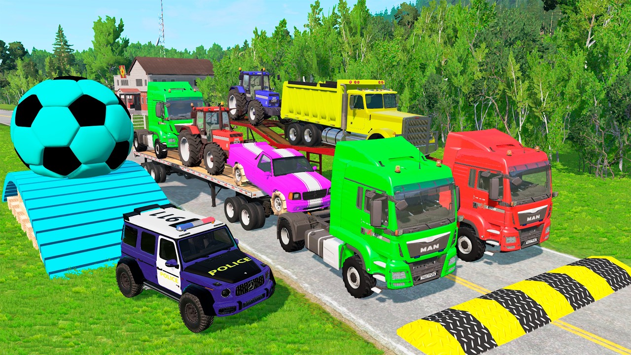 Triple Flatbed Trailer McQueen Transportation with Truck - Speedbumps vs Cars vs Train - BeamNG #