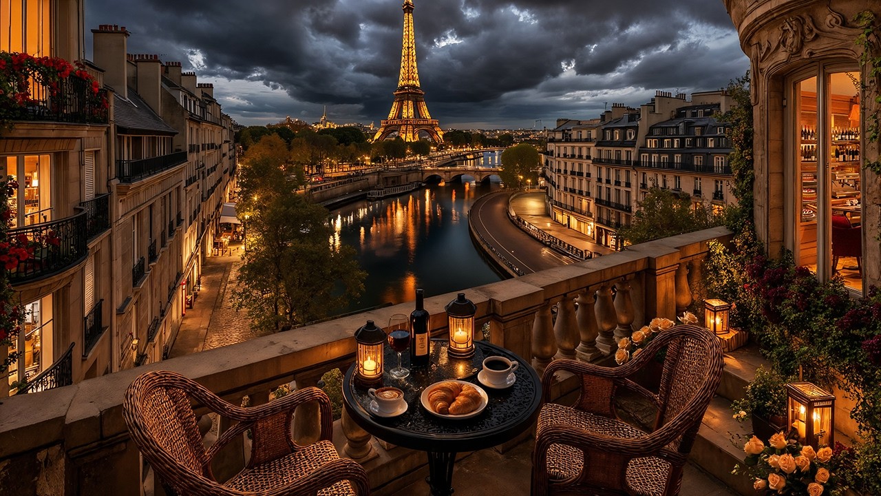 Quiet Night Jazz in Paris ☕ Eiffel Tower Balcony Café Ambience & Relaxing Jazz for Focus & Work