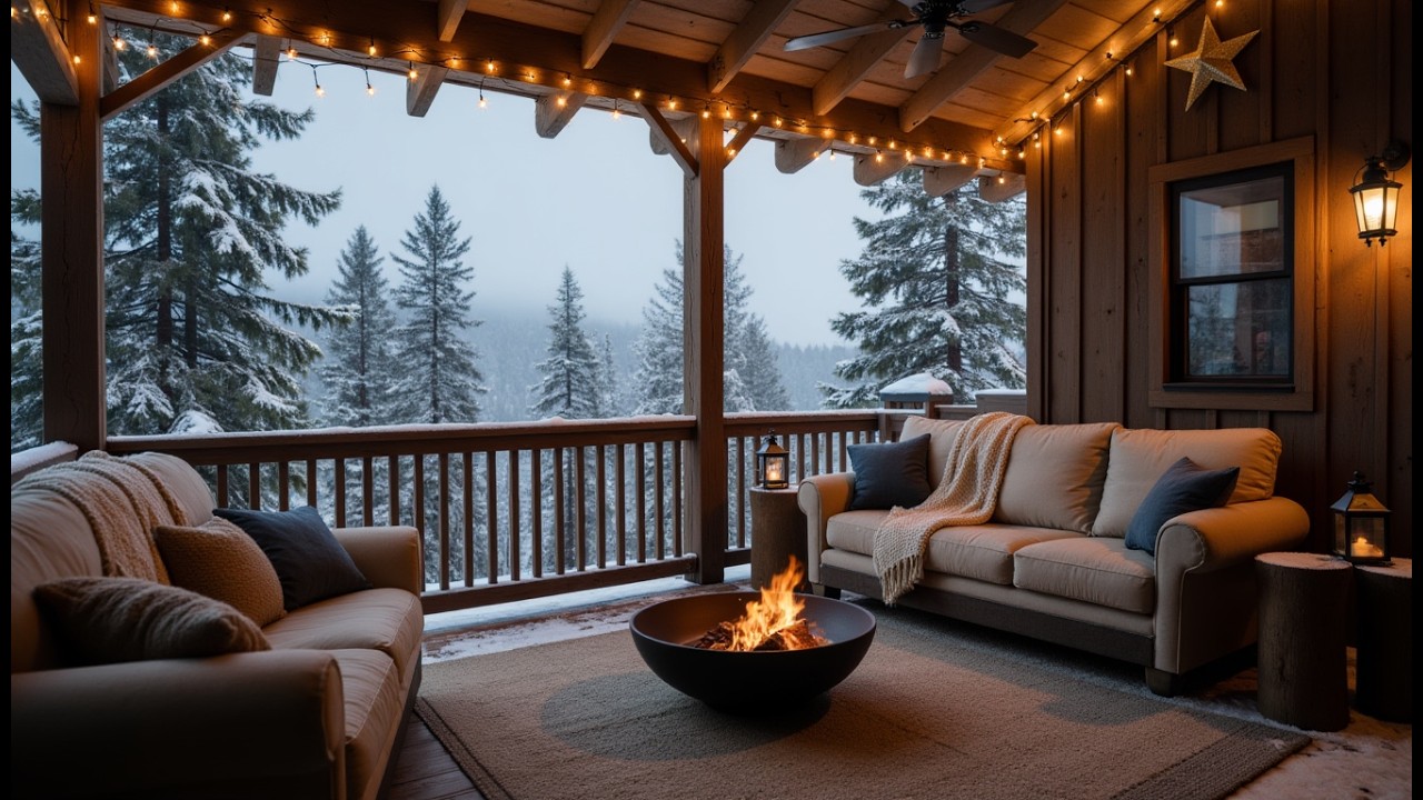 Relaxing Winter Porch Ambience ❄️ Warm Fireplace and Gentle Snowfall Sounds 🔥