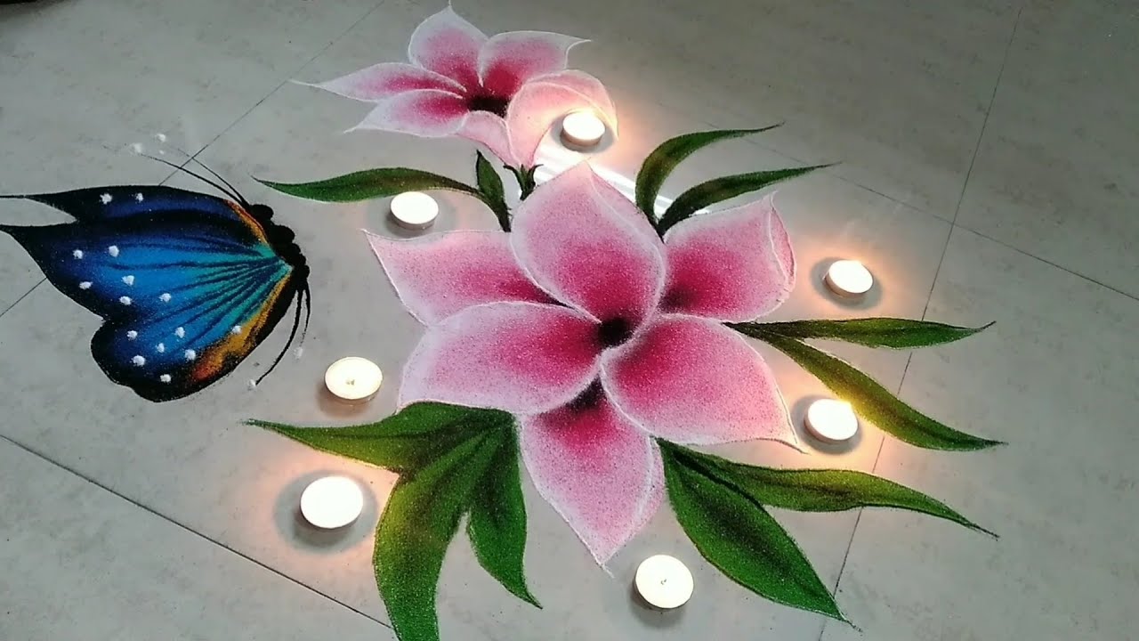 3d flowers rangoli | rangoli of flowers with butterfly | 3d फुलांची रांगोळी | फुलपाखरांची रांगोळी