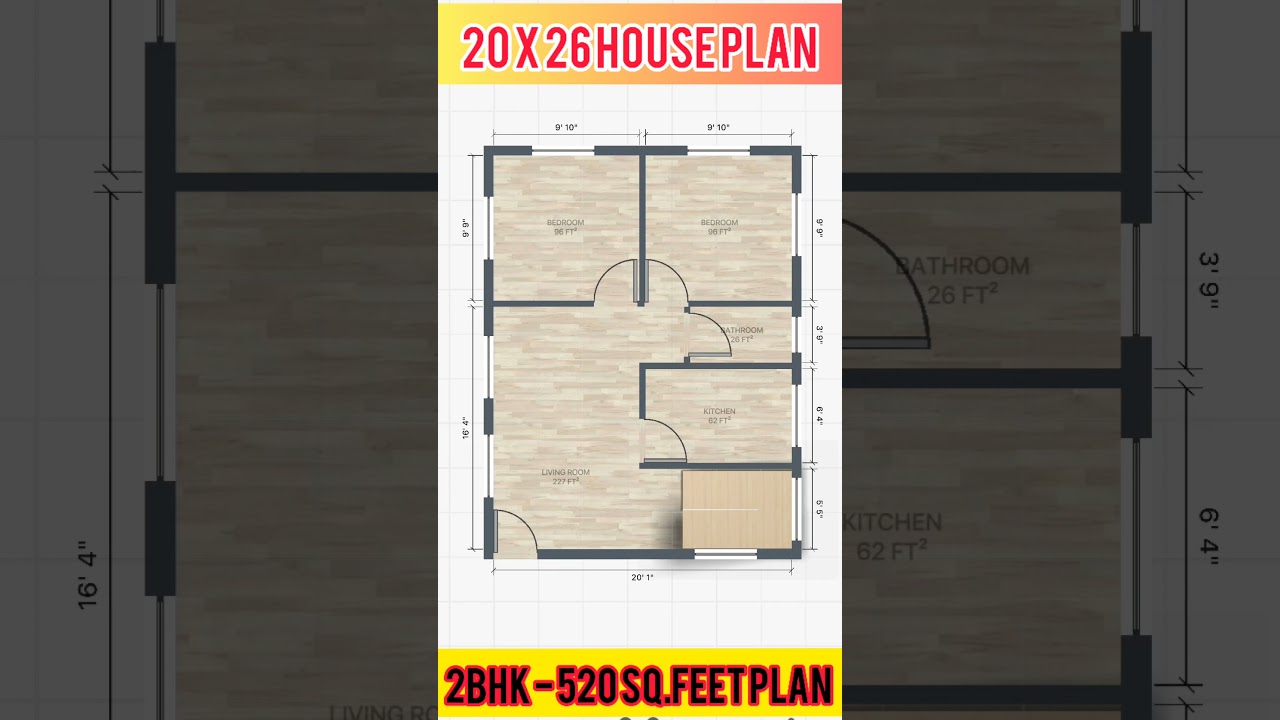 20 x 26 sqft house plan II 20 x 26 ghar ka naksha II 520 sqft 2 bhk house design | 20 x 26  #Shorts