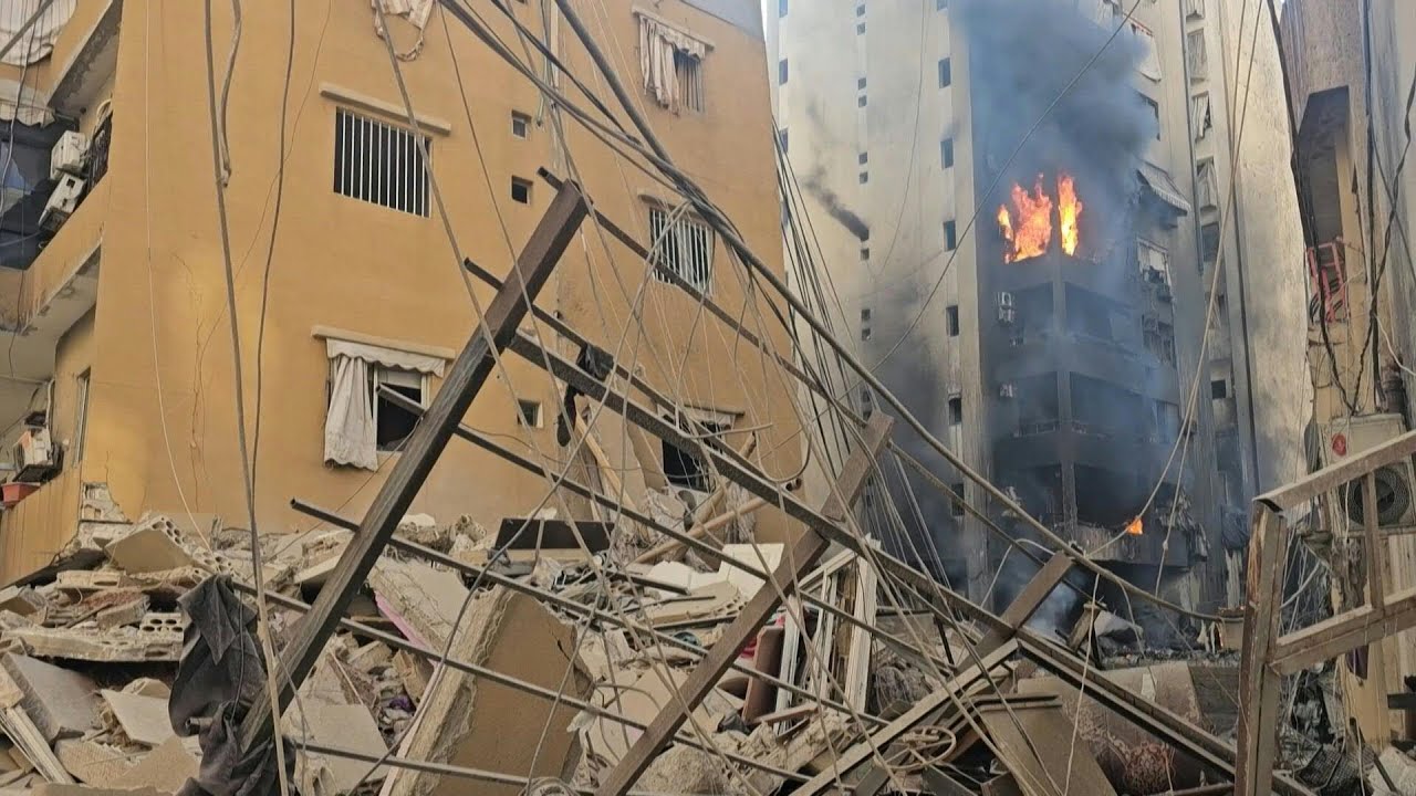 Building ablaze after fresh Israeli strikes on south Beirut | AFP