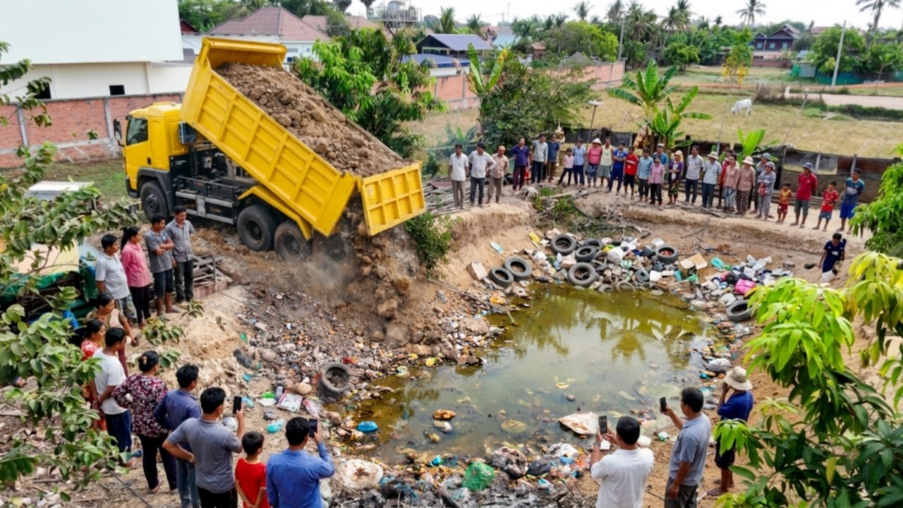 Completed100% Deleted POND In The Village by Bulldozer Pushing Dirt, 5-T Dump Truck Unloading Soils