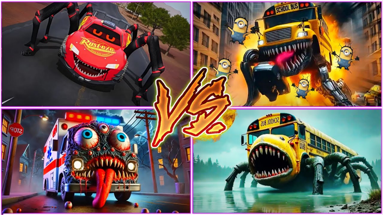 MCqueen Spider🆚School Bus Monster 🆚Ambulance EXE🆚School Bus Spider 🎶Tiles Hop EDM Rush