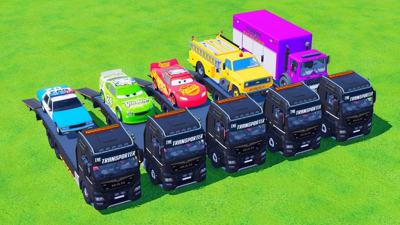 TRANSPORTING with COLOR - MAN TRUCK with CHEVROLET, MCQUENN, MACK FIRE TRUCK - FS 22 Galaxy Farm