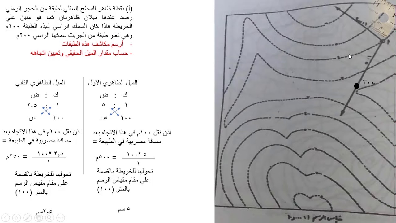 انشاء الخرائط الجيولوجية للطبقات الصخرية المائلة بمعلومية اتجاهين ميل ظاهري ونسبتهما