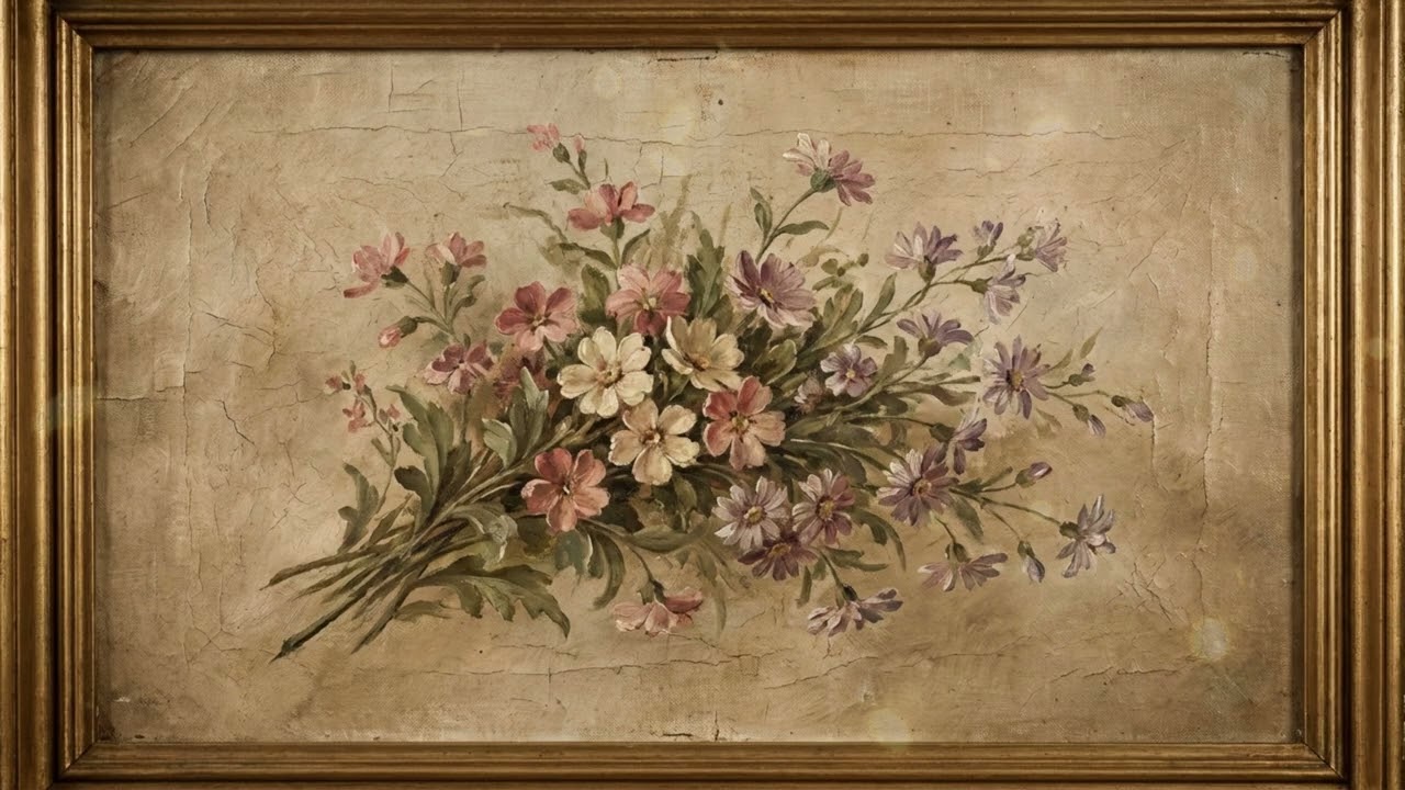 Vintage Path of Blooming Flowers Painting | Gold Frame TV Art | Art Screensaver for TV 2 Hrs