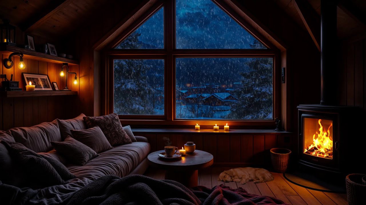 Peaceful Winter Cabin Night ❄️ Fireplace & Snow Sounds for Deep Relaxation | Winter Ambience