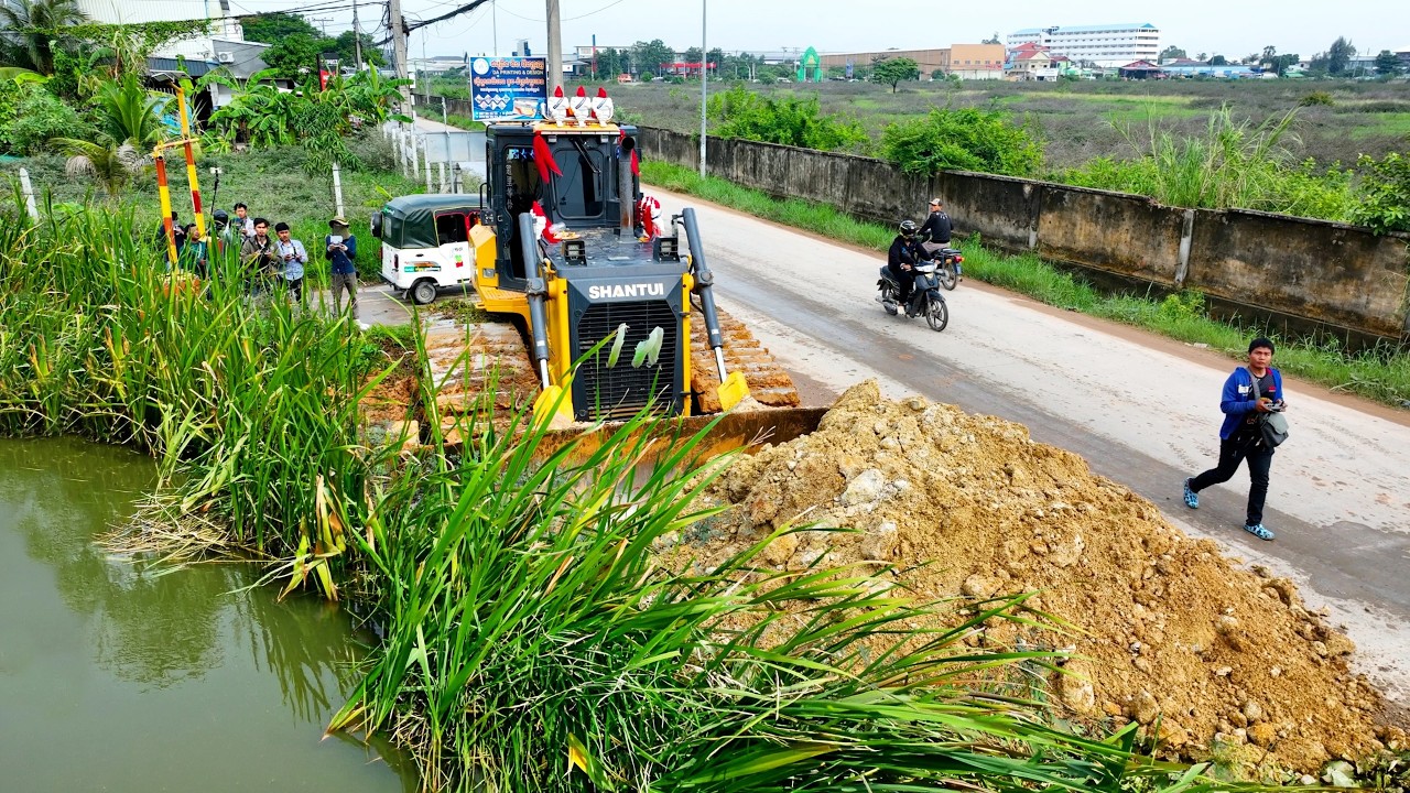 Starting Incredible PROJECT! Filling Land on Flooded Area by Dozer DH17 with Dump Truck Unloading