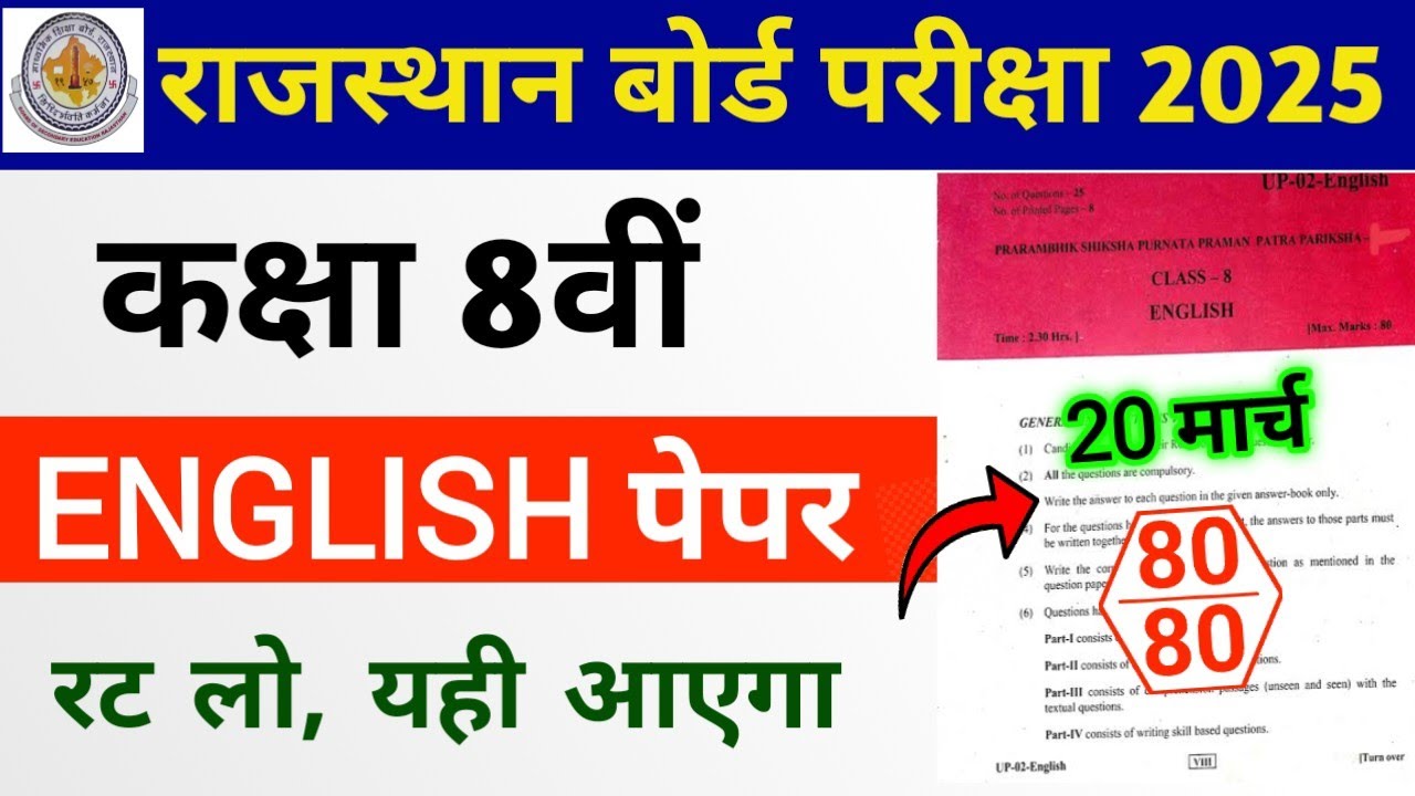 RBSE Class 8th English Paper 20 March 2025 | Rajasthan Board Class 8th English Model Paper 2025
