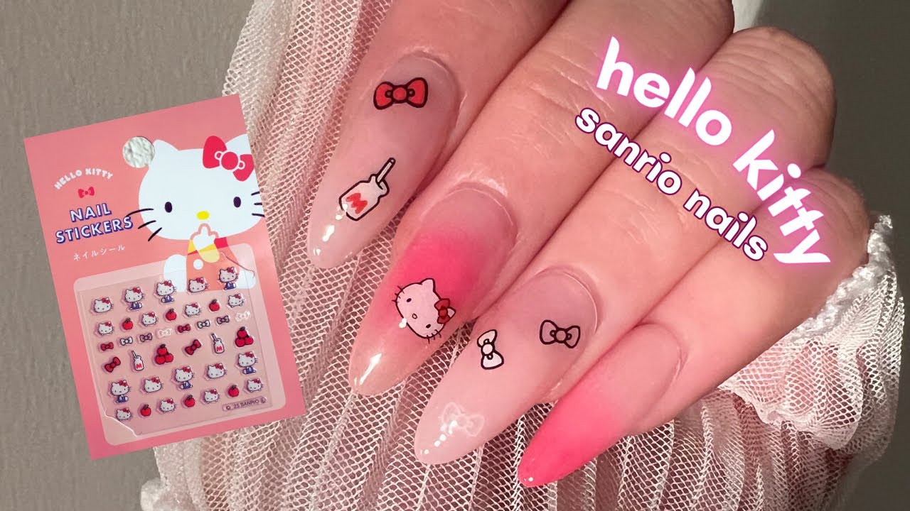 kawaii hello kitty nails | easy pink nails, ¥100 daiso 
