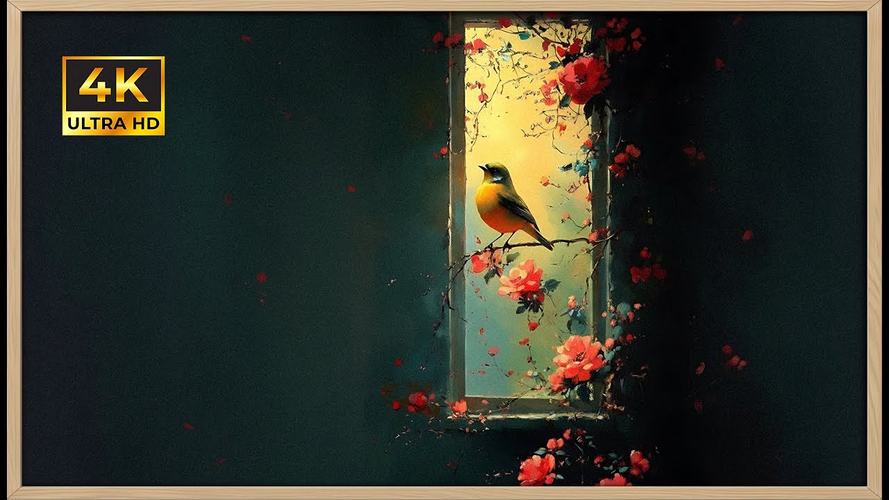 Golden Bird at Rose Window | Gold Framed 4K Art Screensaver | Dreamy Romantic Nature TV Wallpaper