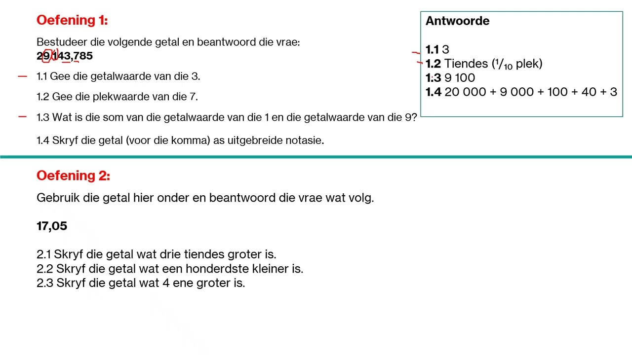 Opsomming 1   Heelgetalle met desimales, plekwaardes en getalwaardes