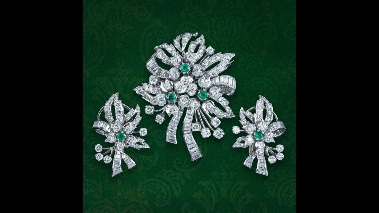 Vintage Spray Brooch And Earrings Suite Diamond Emerald Platinum With Box