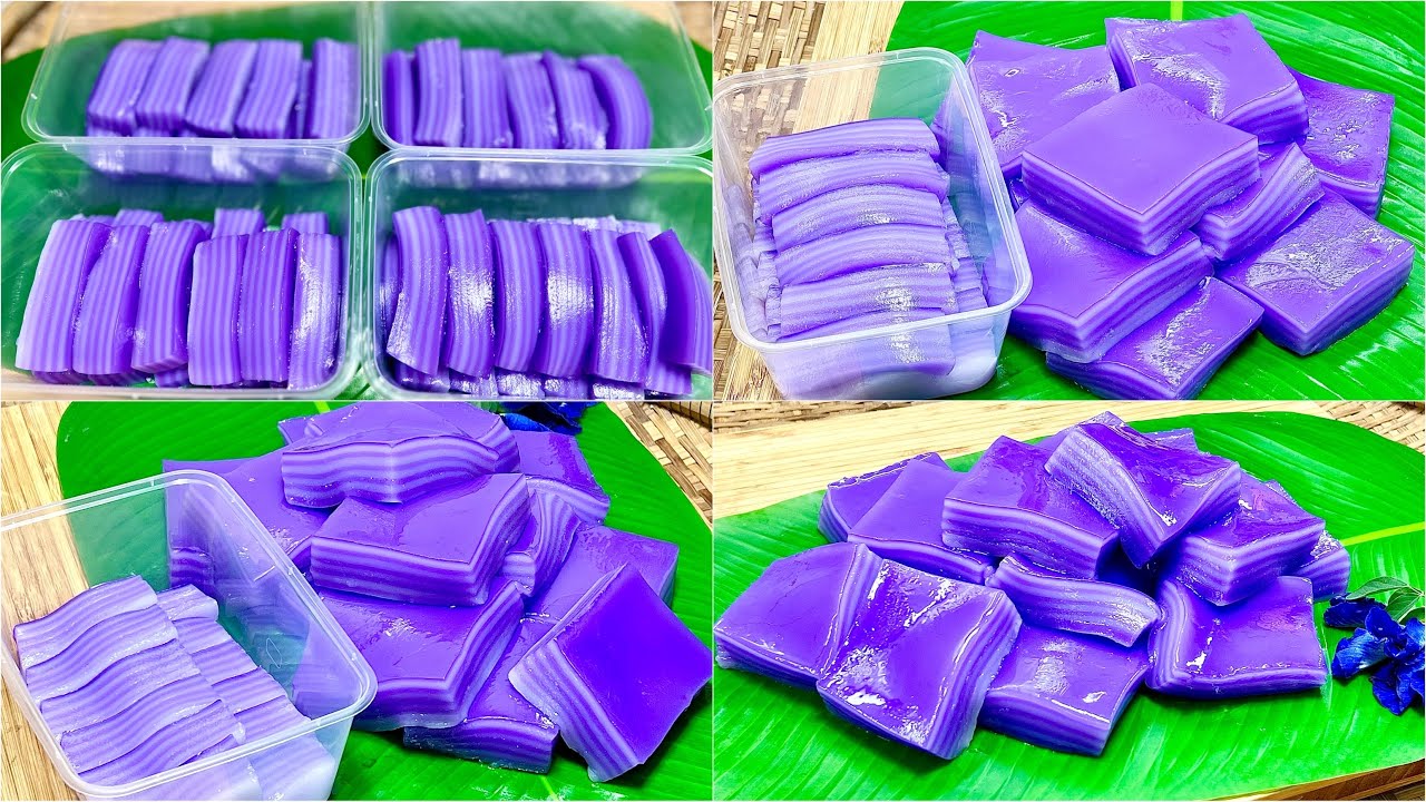 ขนมชั้นอัญชันสูตรทำขายกำไรดี เหนียวนุ่มหอมหวานมันอร่อยมาก สีสวย