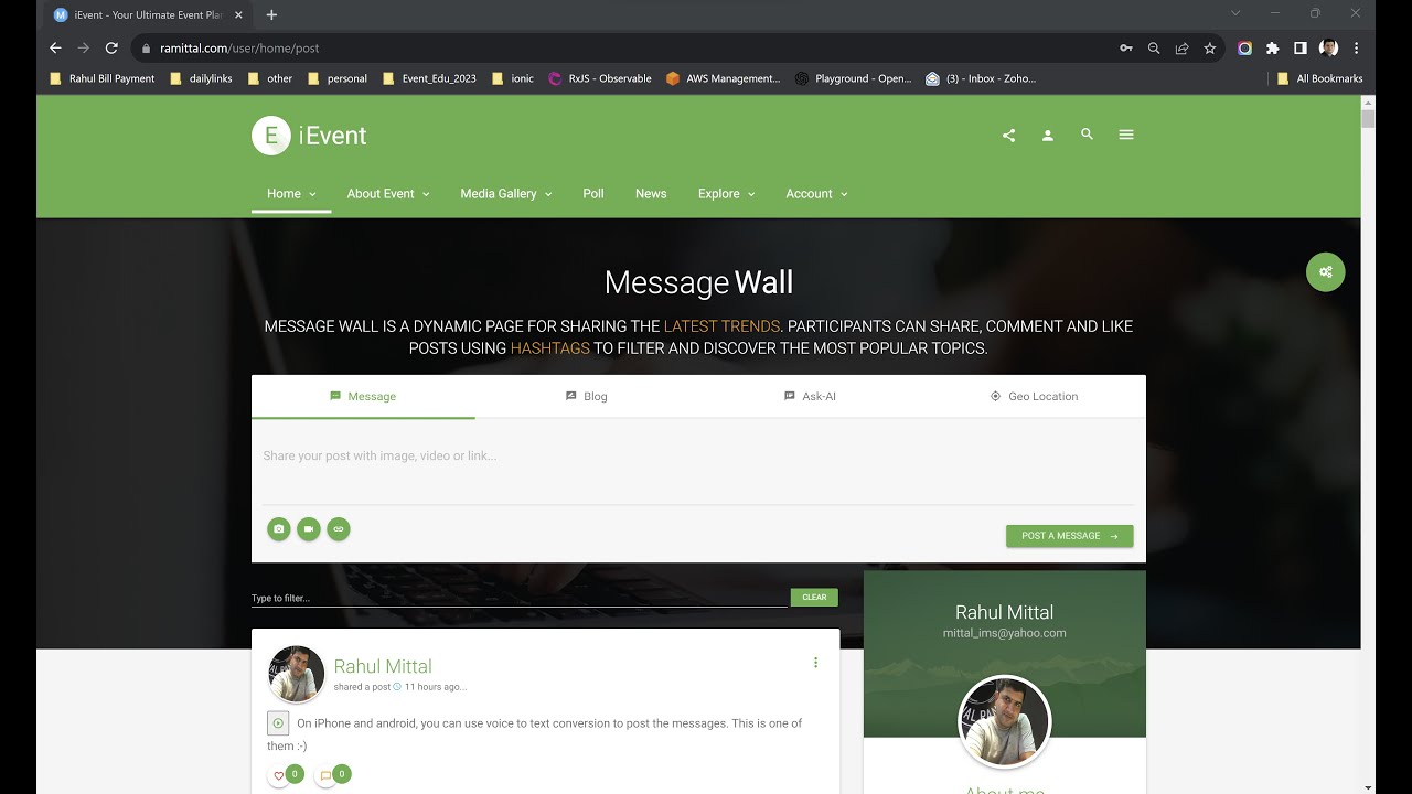 6. Message Wall - Post, Blog, AI based Chat, Location @  www.ramittal.com. Welcome to iEvent App.