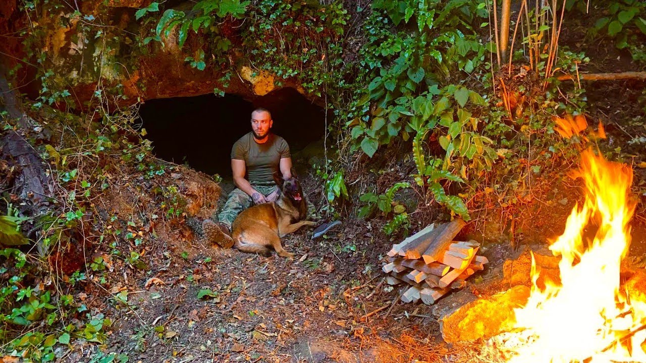 Solo Camping in NATURAL SURVIVAL SHELTER, Abandoned Village in the Forest, Bushcraft in a cave