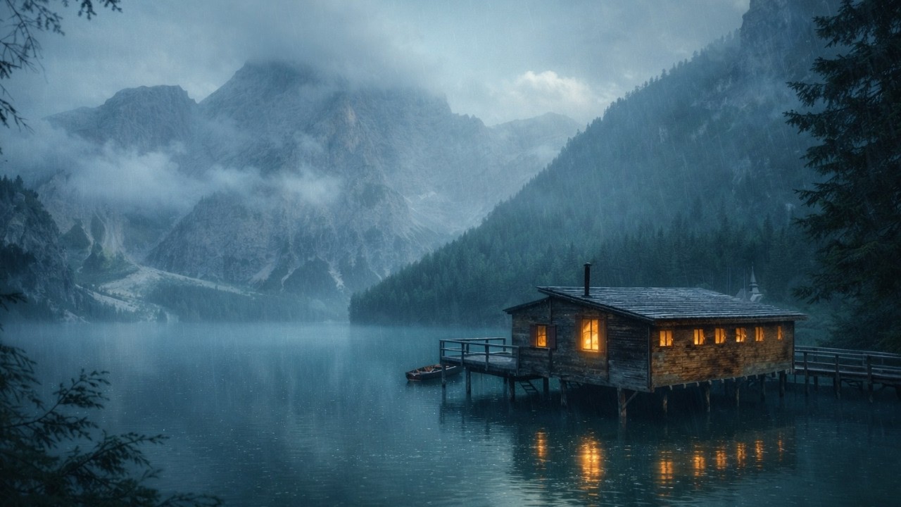 Rainfall on Mountain Lake Cabin for Deep Sleep & Calm