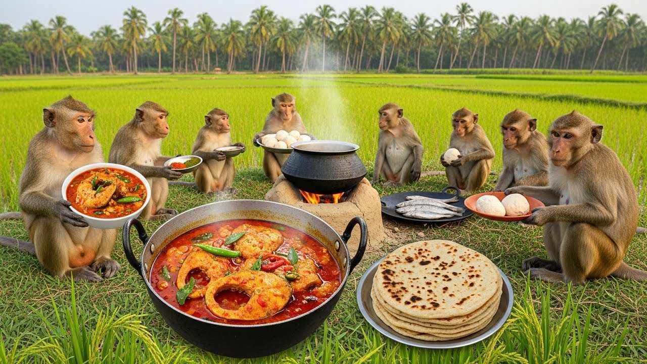 🐒 Monkeys Made Fish Curry + Roti Combo | Jungle Village Style 🫓🐟🔥