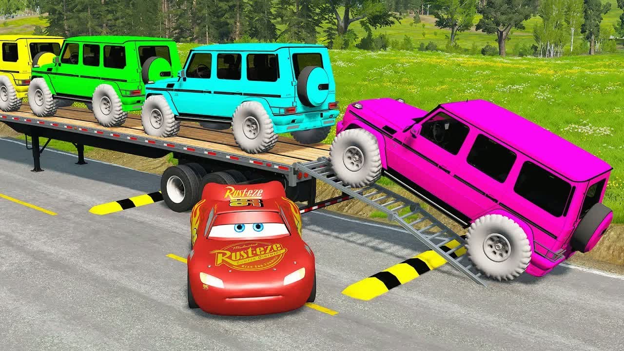 Flatbed Truck McQueen | Transportation with Truck - Pothole vs Car #5 | BeamNG.Drive Gameplay