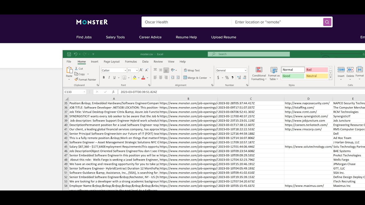 Scraping jobs from monster.com Web scraping monster.com = Python Script