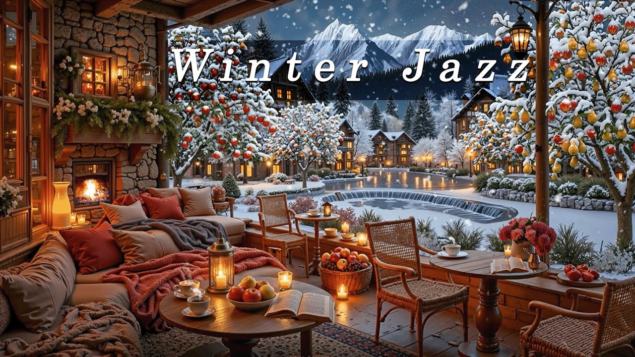 Relaxing Instrumental Jazz by a crackling fireplace in winter country (no ADS)